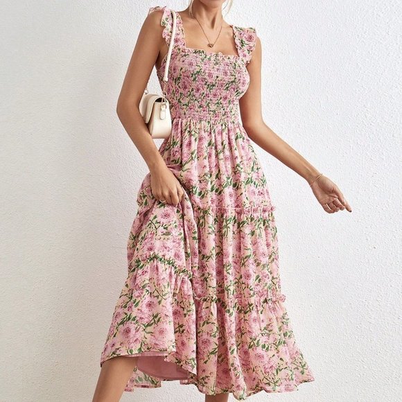 Multicolor Boho Womens Allover Floral Print Ruffle Hem Dress - Picture 2 of 5